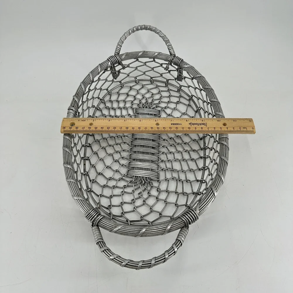 Vintage Style Oval Metal Wire Mesh Basket with Handles Silver Industrial Decor